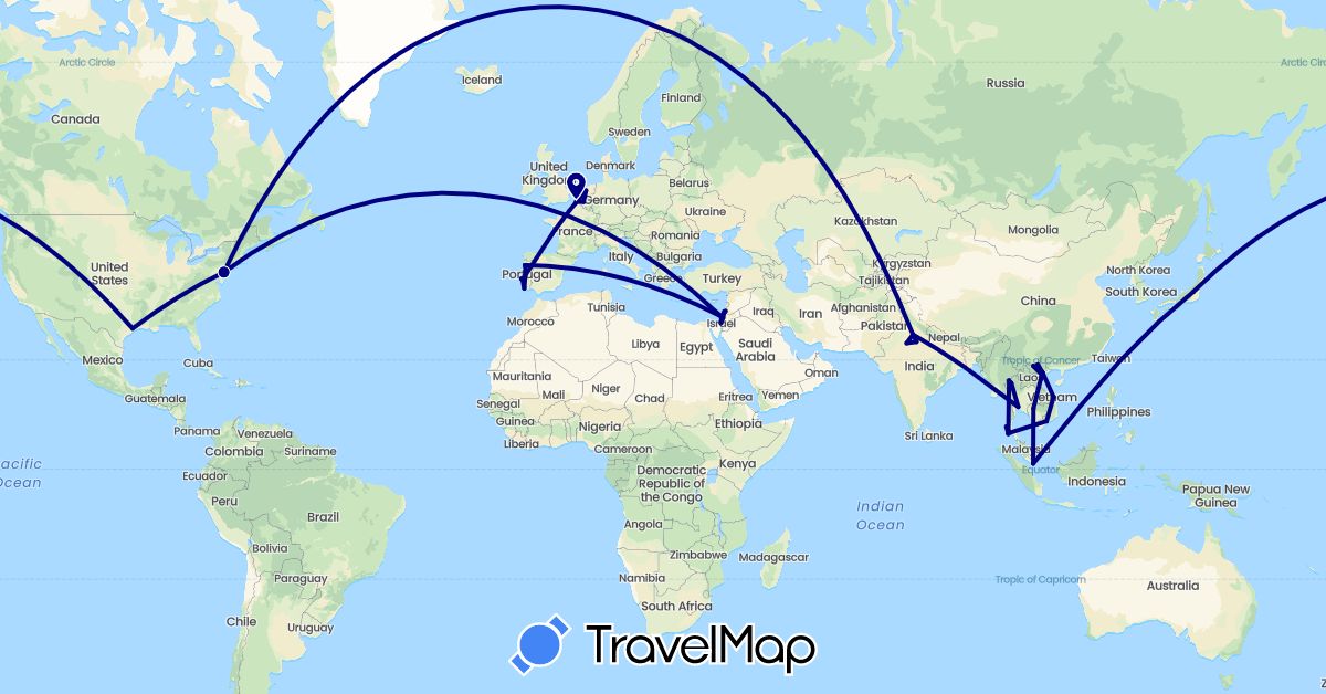 TravelMap itinerary: driving in Belgium, Israel, India, Japan, Cambodia, Netherlands, Portugal, Singapore, Thailand, United States, Vietnam (Asia, Europe, North America)